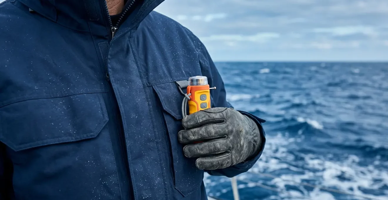 Balise PLB compacte portée sur gilet de sauvetage lors d'une navigation solitaire en mer