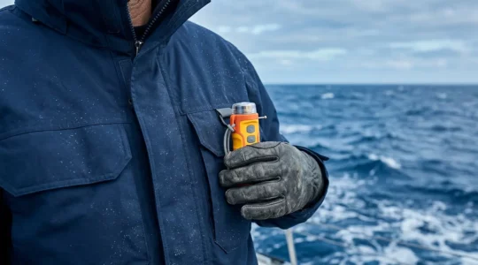Balise PLB compacte portée sur gilet de sauvetage lors d'une navigation solitaire en mer