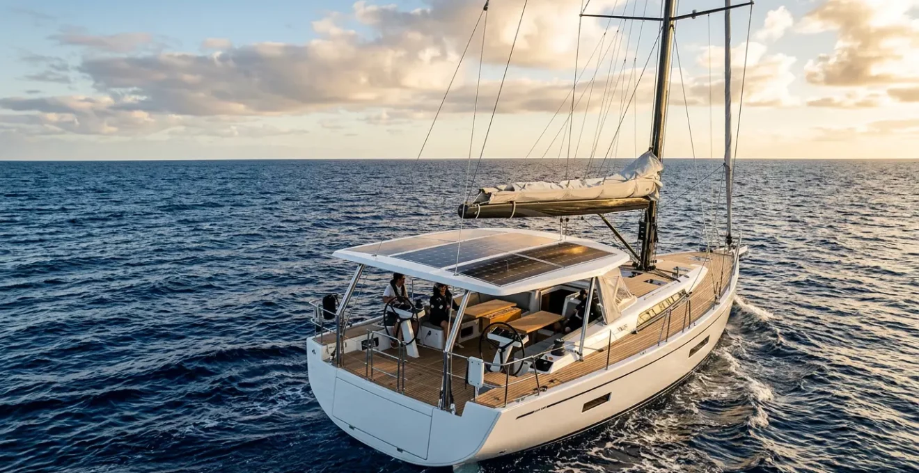 Voilier équipé de panneaux solaires sur bimini en pleine navigation océanique sous un ciel ensoleillé