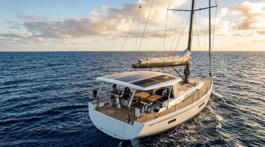 Voilier équipé de panneaux solaires sur bimini en pleine navigation océanique sous un ciel ensoleillé
