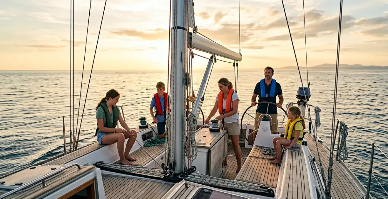 Équipage familial sur voilier avec gilets de sauvetage de différentes flottabilités en situation de navigation