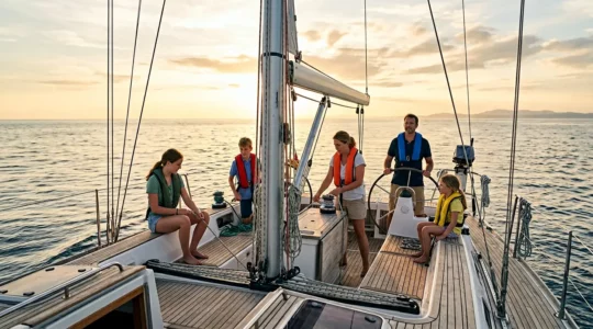 Équipage familial sur voilier avec gilets de sauvetage de différentes flottabilités en situation de navigation