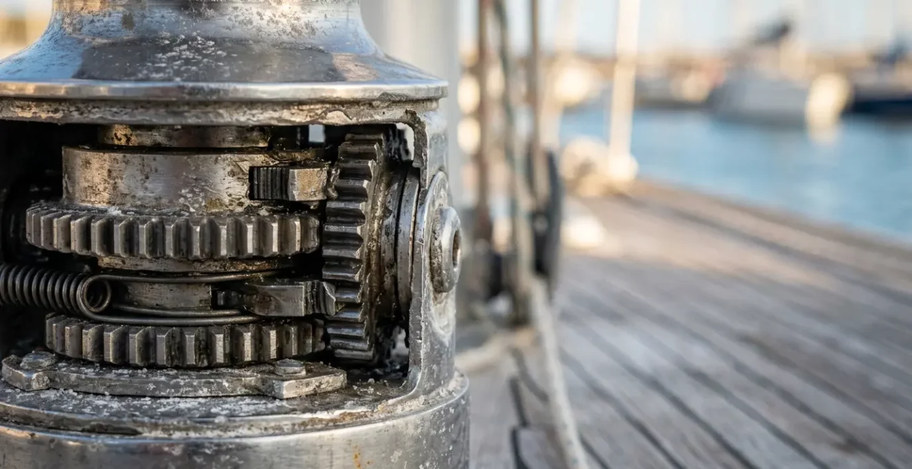 Inspection détaillée d'un winch de voilier en acier inoxydable sur le pont d'un bateau