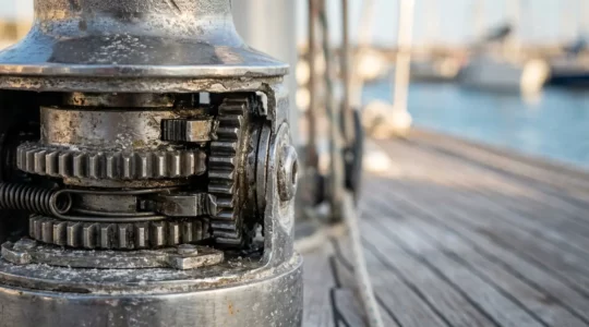 Inspection détaillée d'un winch de voilier en acier inoxydable sur le pont d'un bateau
