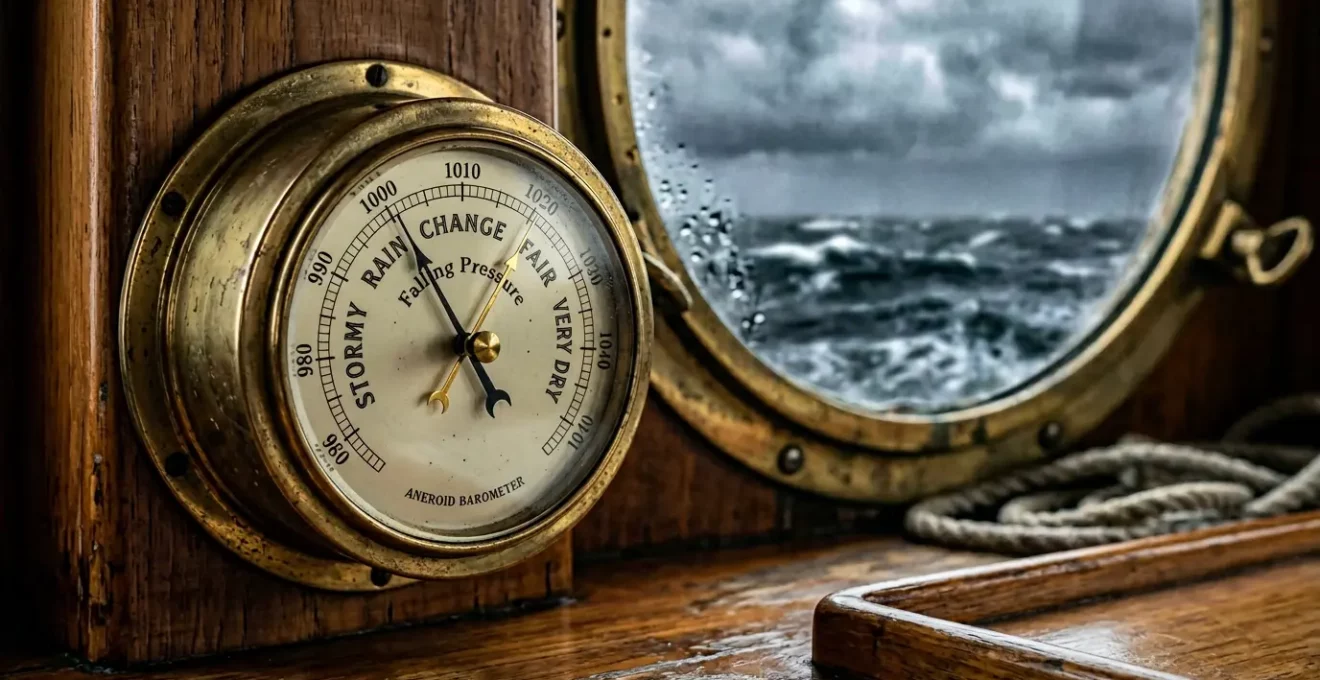 Baromètre anéroïde maritime installé dans le cockpit d'un voilier avec un ciel menaçant en arrière-plan