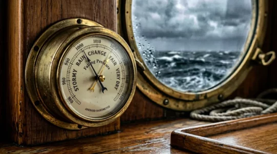 Baromètre anéroïde maritime installé dans le cockpit d'un voilier avec un ciel menaçant en arrière-plan