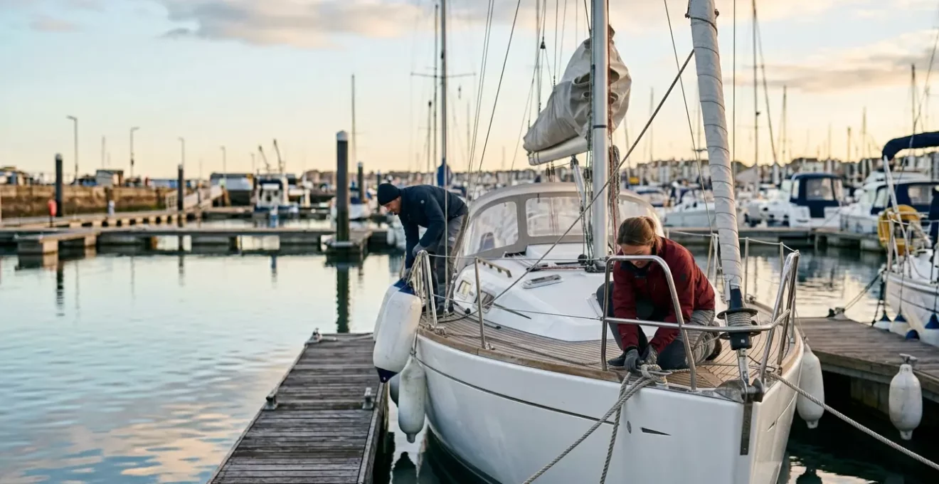 Deux navigateurs préparant le largage des amarres sur un voilier en marina, ambiance concentrée et professionnelle
