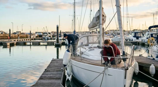 Deux navigateurs préparant le largage des amarres sur un voilier en marina, ambiance concentrée et professionnelle