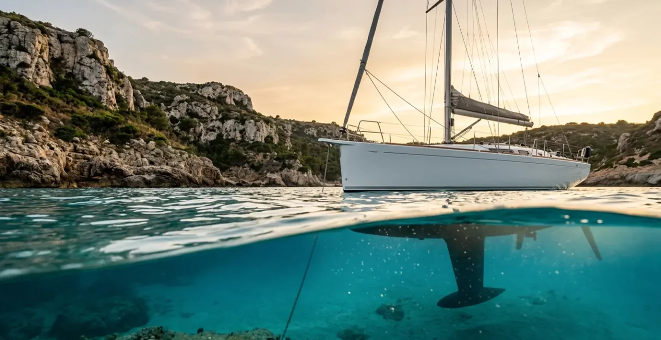 Voilier monocoque de croisière côtière avec sa quille visible sous la coque