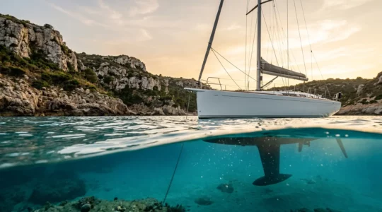 Voilier monocoque de croisière côtière avec sa quille visible sous la coque