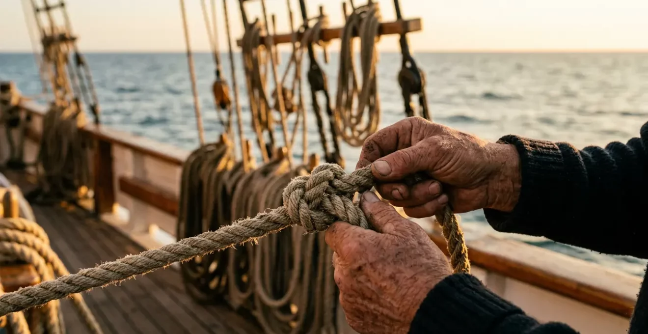 Gros plan sur des mains expertes réalisant des nœuds marins sur un cordage nautique dans un environnement marin naturel