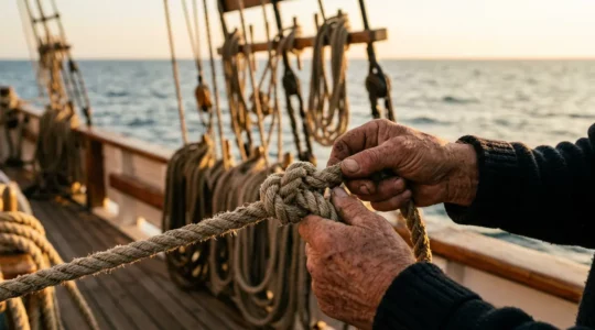 Gros plan sur des mains expertes réalisant des nœuds marins sur un cordage nautique dans un environnement marin naturel
