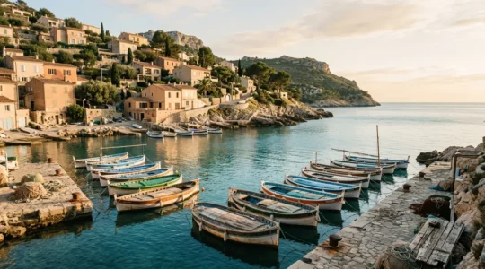 Vue paisible d'un petit port méditerranéen avec bateaux traditionnels et architecture préservée