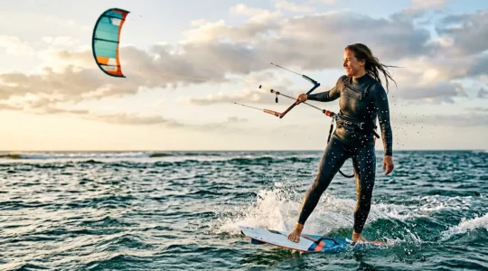 Kitesurfeur débutant en pleine progression lors de ses premiers bords sur l'eau