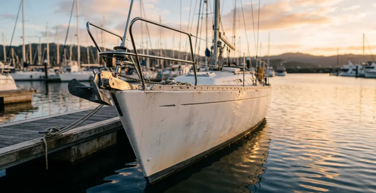 Proue de voilier en gelcoat exposée aux rayons UV et embruns salés montrant les effets de l'oxydation
