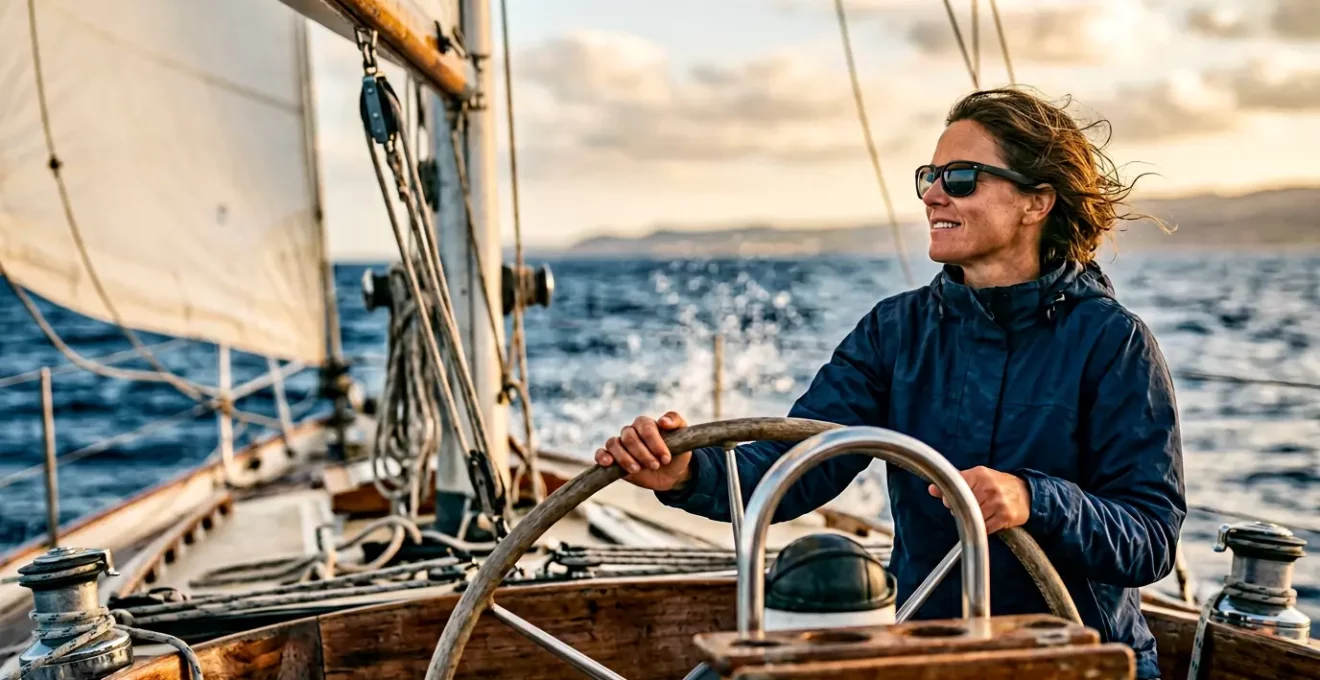 Chef de bord autonome à la barre d'un voilier en navigation hauturière