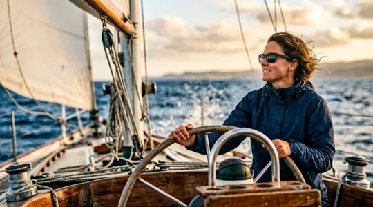 Chef de bord autonome à la barre d'un voilier en navigation hauturière