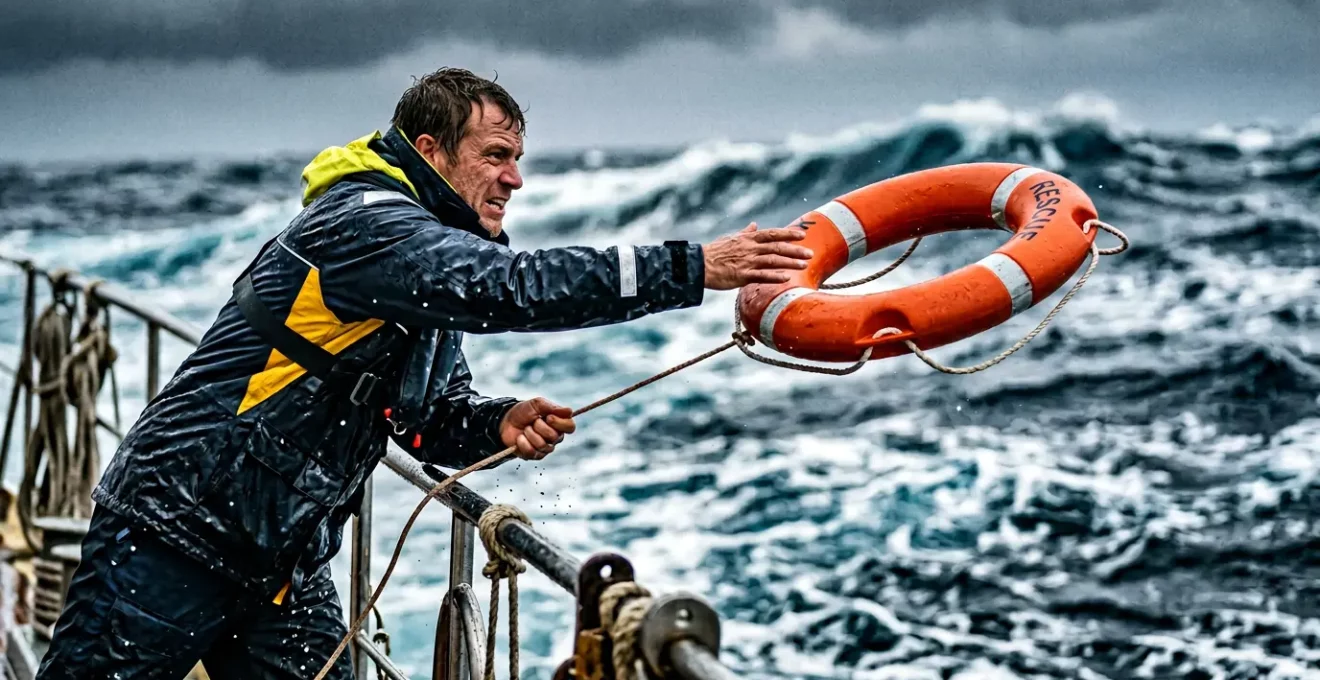 Équipier jetant une bouée de sauvetage orange en pleine mer avec urgence et détermination