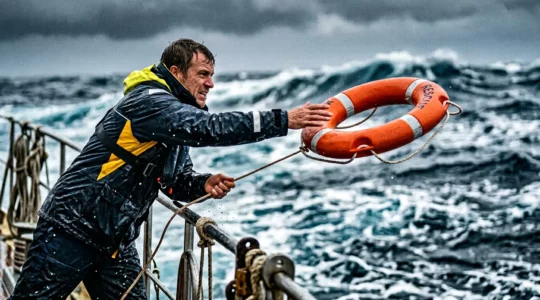 Équipier jetant une bouée de sauvetage orange en pleine mer avec urgence et détermination