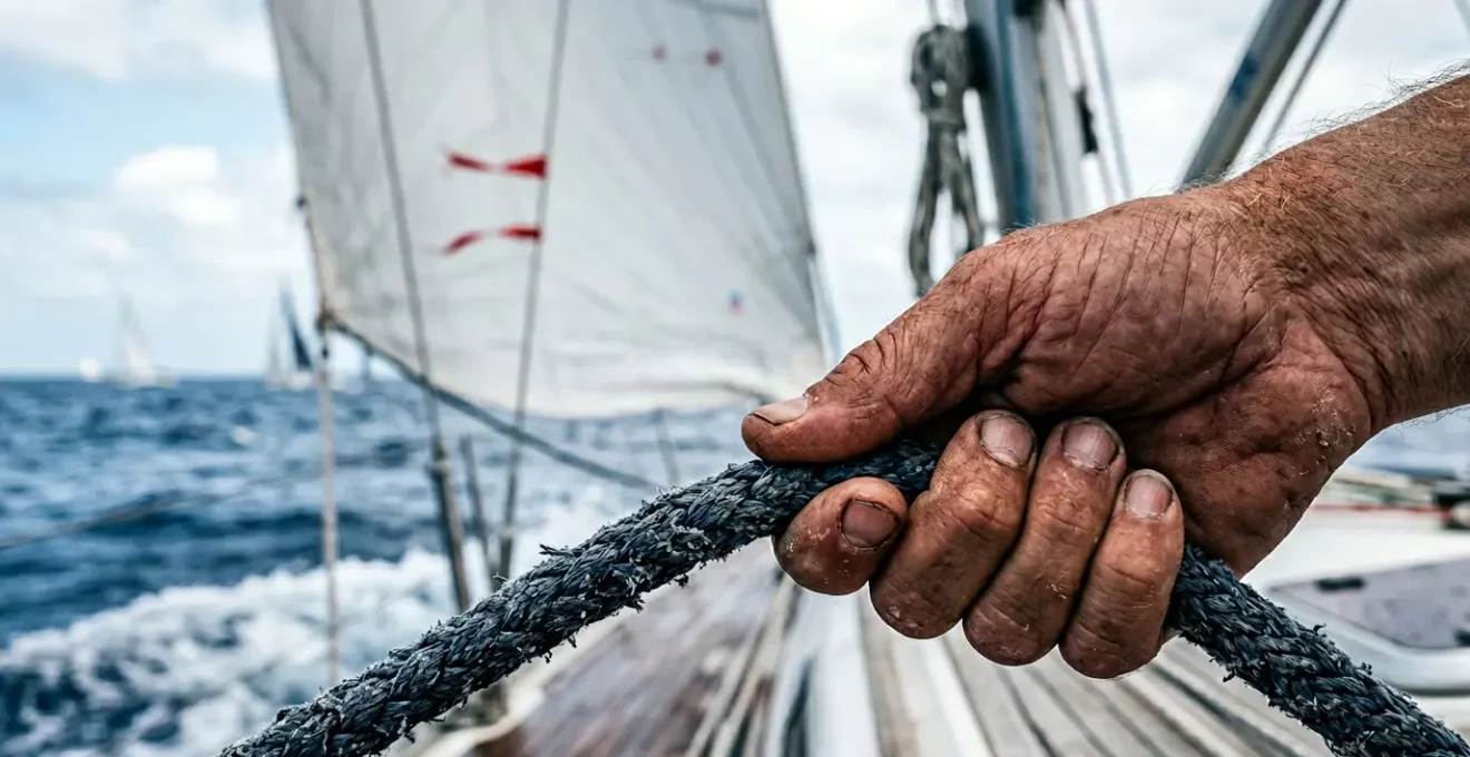Gros plan sur les mains d'un marin ajustant avec précision l'écoute de foc d'un voilier de course, avec les penons visibles sur la voile en arrière-plan
