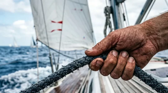 Gros plan sur les mains d'un marin ajustant avec précision l'écoute de foc d'un voilier de course, avec les penons visibles sur la voile en arrière-plan