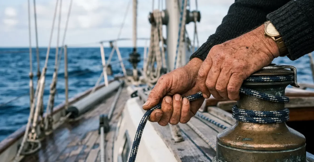 Gros plan sur le réglage précis d'une drisse de voilier avec winch et cordage technique