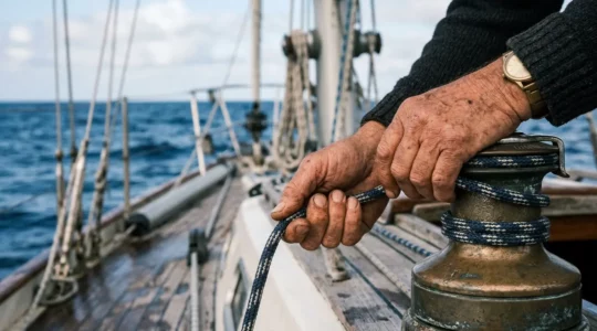 Gros plan sur le réglage précis d'une drisse de voilier avec winch et cordage technique