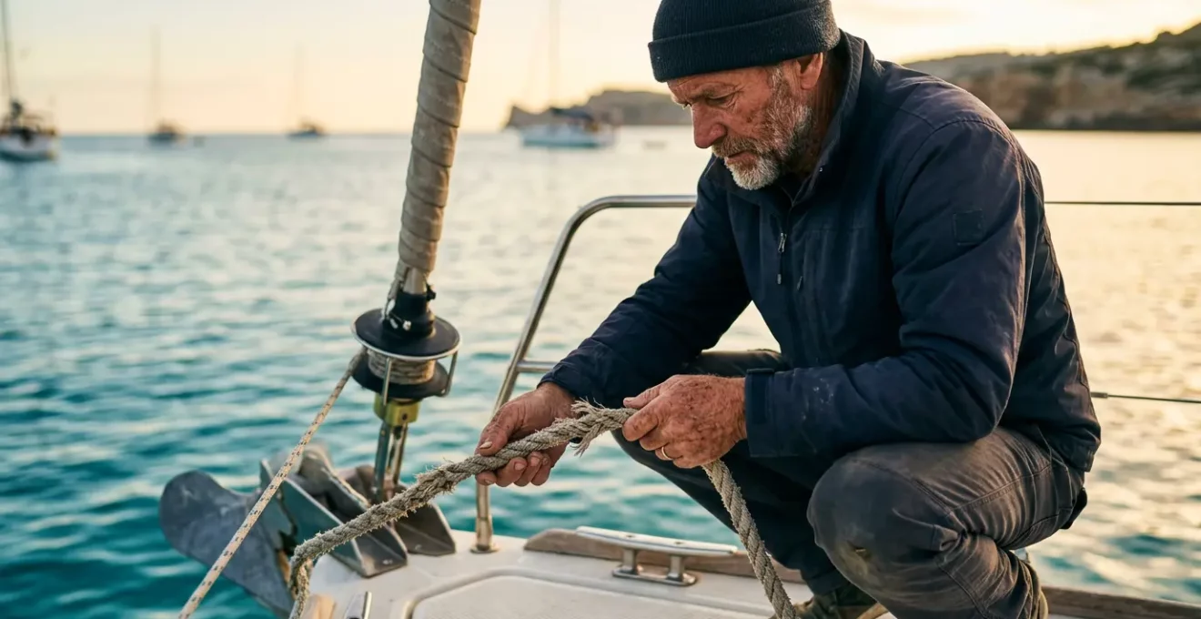 Marin vérifiant méticuleusement les amarres d'un voilier au mouillage en mer Méditerranée au crépuscule