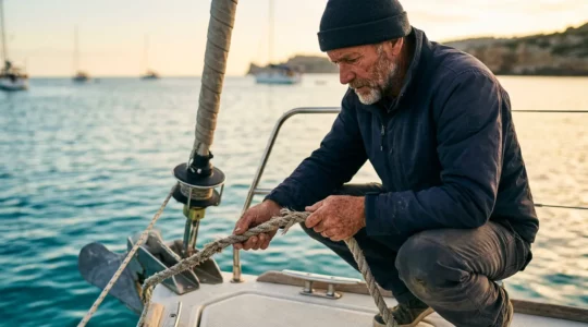 Marin vérifiant méticuleusement les amarres d'un voilier au mouillage en mer Méditerranée au crépuscule