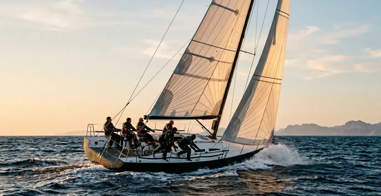 Manœuvre de virement de bord en action sur voilier de régate