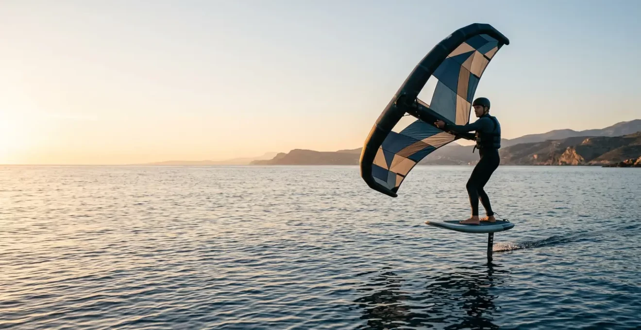 Pratiquant de wing foil en vol au-dessus de l'eau par vent léger avec aile gonflable