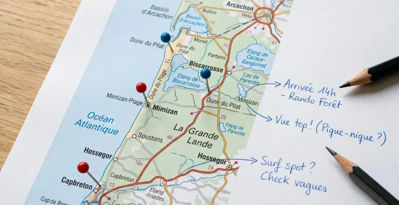 Gros plan sur une carte de la côte landaise avec des marqueurs de localisation pour Capbreton, Hossegor et Seignosse, un crayon et des notes manuscrites floues