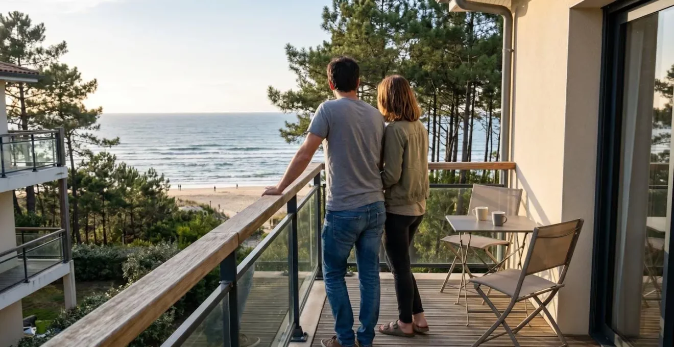 Un couple vu de dos profite d'un moment de détente sur la terrasse d'un studio moderne avec vue sur l'océan Atlantique