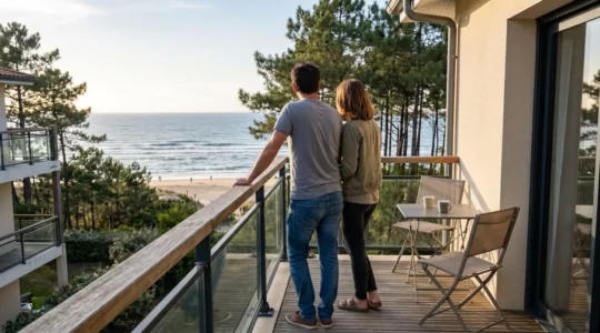 Un couple vu de dos profite d'un moment de détente sur la terrasse d'un studio moderne avec vue sur l'océan Atlantique
