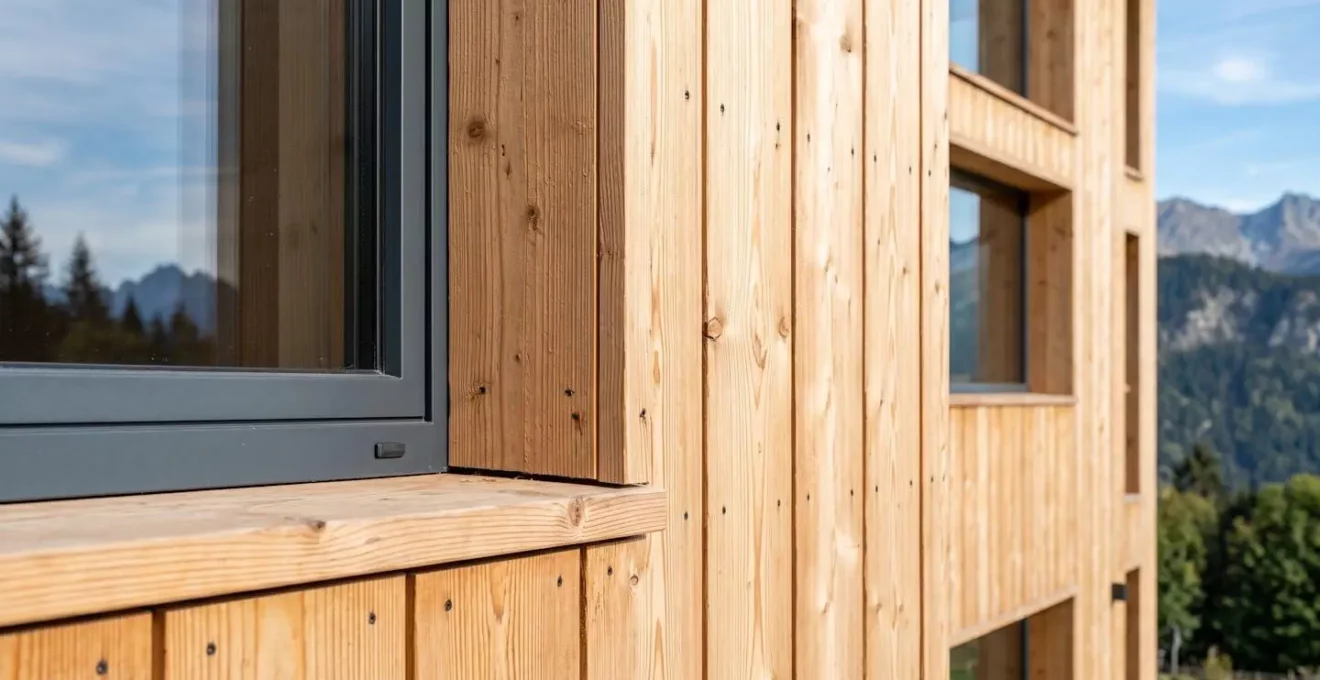 Gros plan sur la façade en bardage de pin maritime d'un chalet landais avec texture naturelle du bois et encadrement de fenêtre