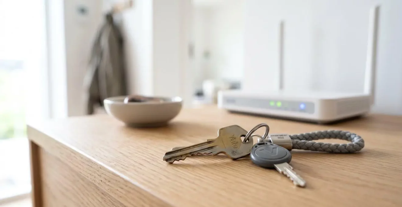 Gros plan sur des clés posées sur une table d'entrée contemporaine avec un routeur wifi visible en arrière-plan flouté