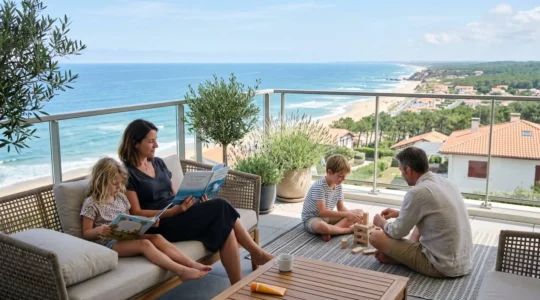 Une famille de quatre personnes profite d'un moment de détente sur la terrasse d'un appartement moderne avec vue sur l'océan Atlantique