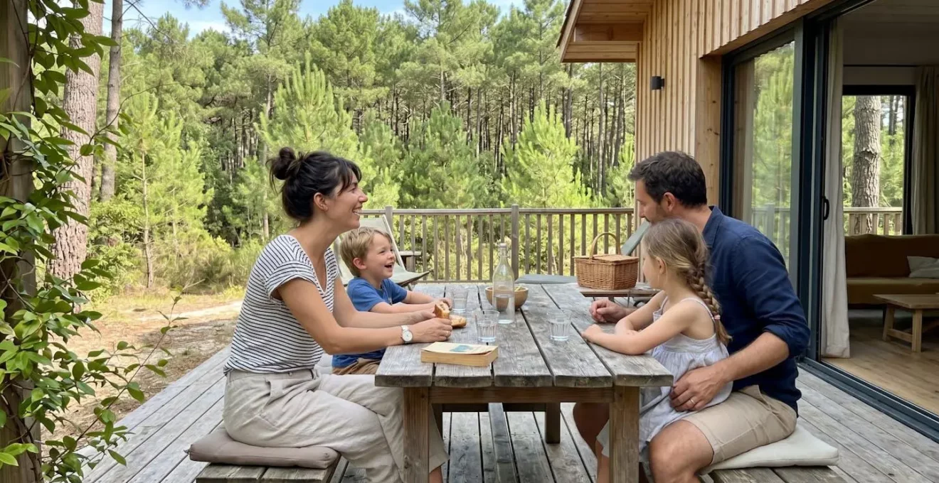 Une famille vue de dos profite d'un moment de détente sur la terrasse en bois d'un chalet contemporain entouré de pins maritimes