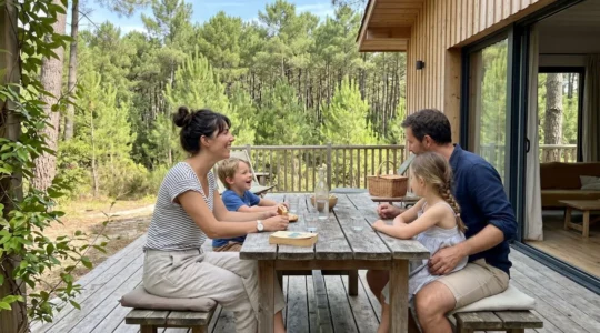 Une famille vue de dos profite d'un moment de détente sur la terrasse en bois d'un chalet contemporain entouré de pins maritimes