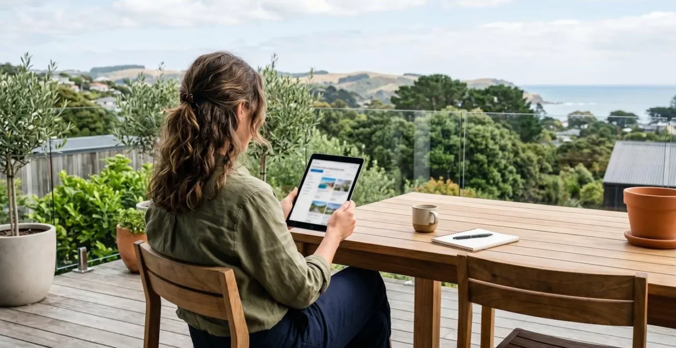 Une personne vue de dos consulte des annonces de locations de vacances sur une tablette, assise sur une terrasse en bois moderne