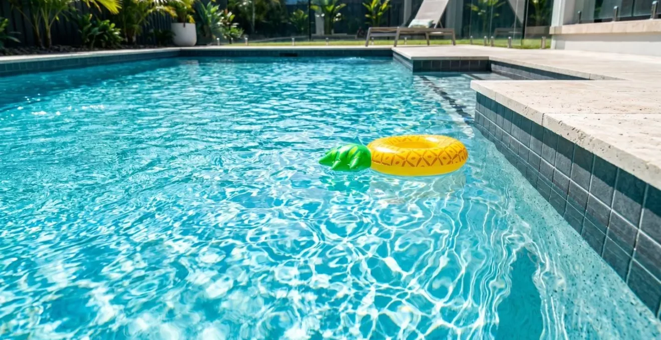 Vue rapprochée d'une piscine privée avec eau turquoise cristalline et margelle en pierre claire sous un soleil éclatant
