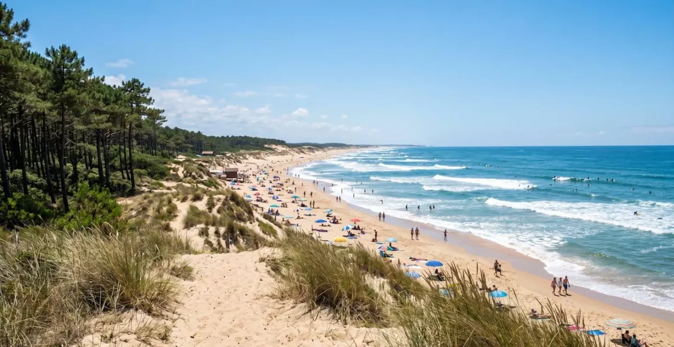 Vue large de la plage d'Hossegor avec l'océan Atlantique, quelques surfeurs au loin et pins maritimes en bordure de dune sous ciel bleu lumineux