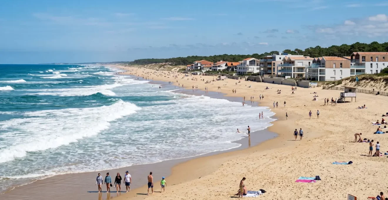 Vue large sur une plage de l'Atlantique avec des vagues déferlantes et l'architecture balnéaire moderne en arrière-plan