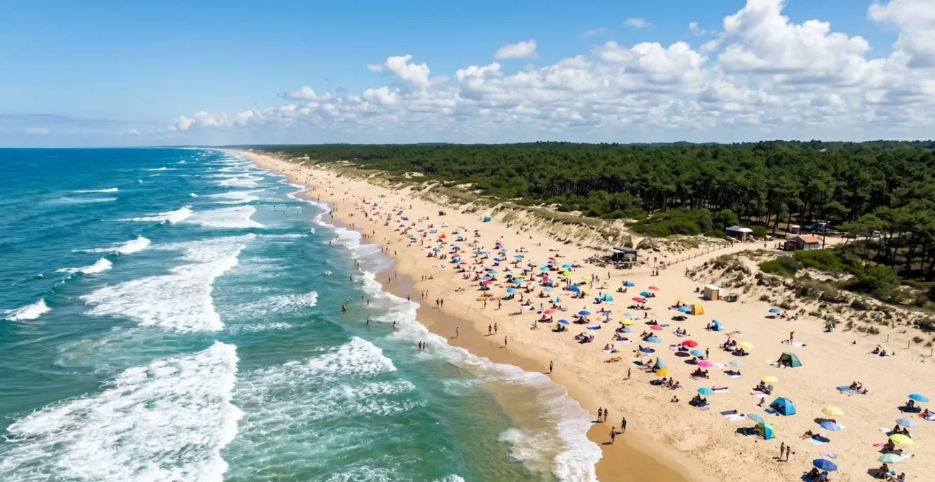 Vue aérienne d'une plage de la côte landaise en été avec l'océan Atlantique et la forêt de pins en arrière-plan