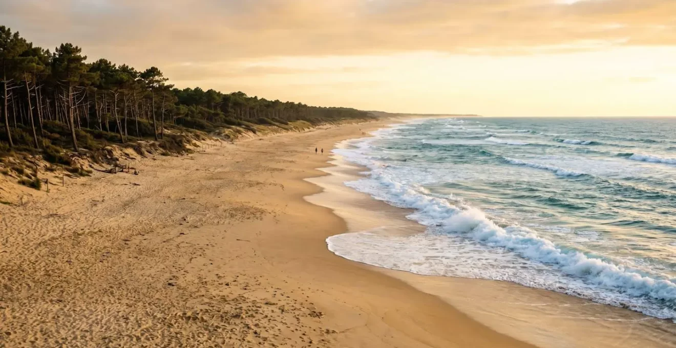 Vue panoramique large d'une plage landaise avec sable fin, océan Atlantique et pins maritimes en bordure sous une lumière dorée de fin de journée