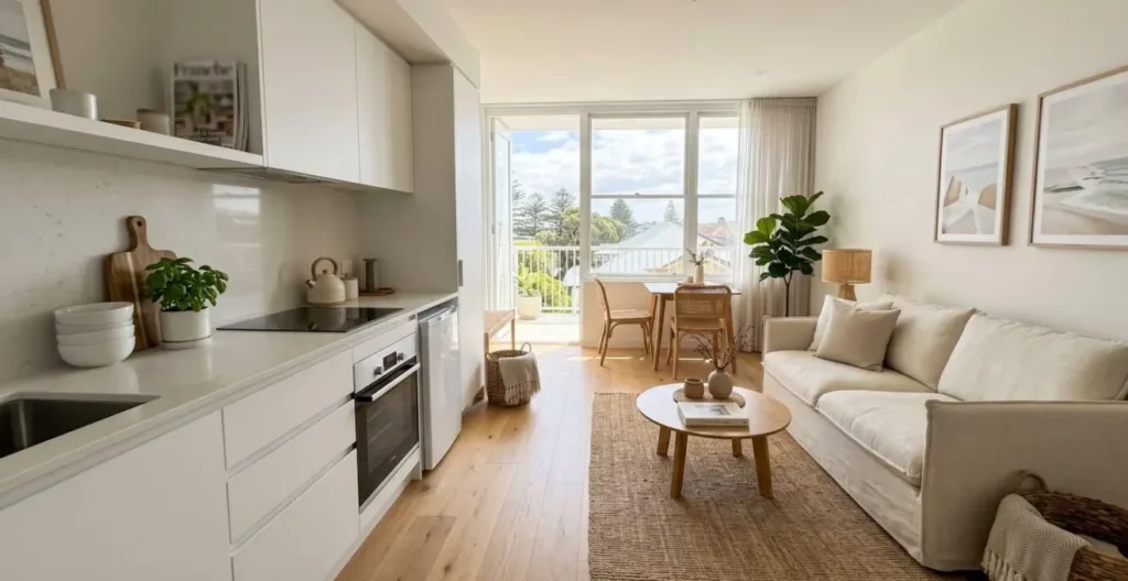 Intérieur lumineux d'un studio moderne avec kitchenette équipée, canapé-lit et décoration côtière contemporaine